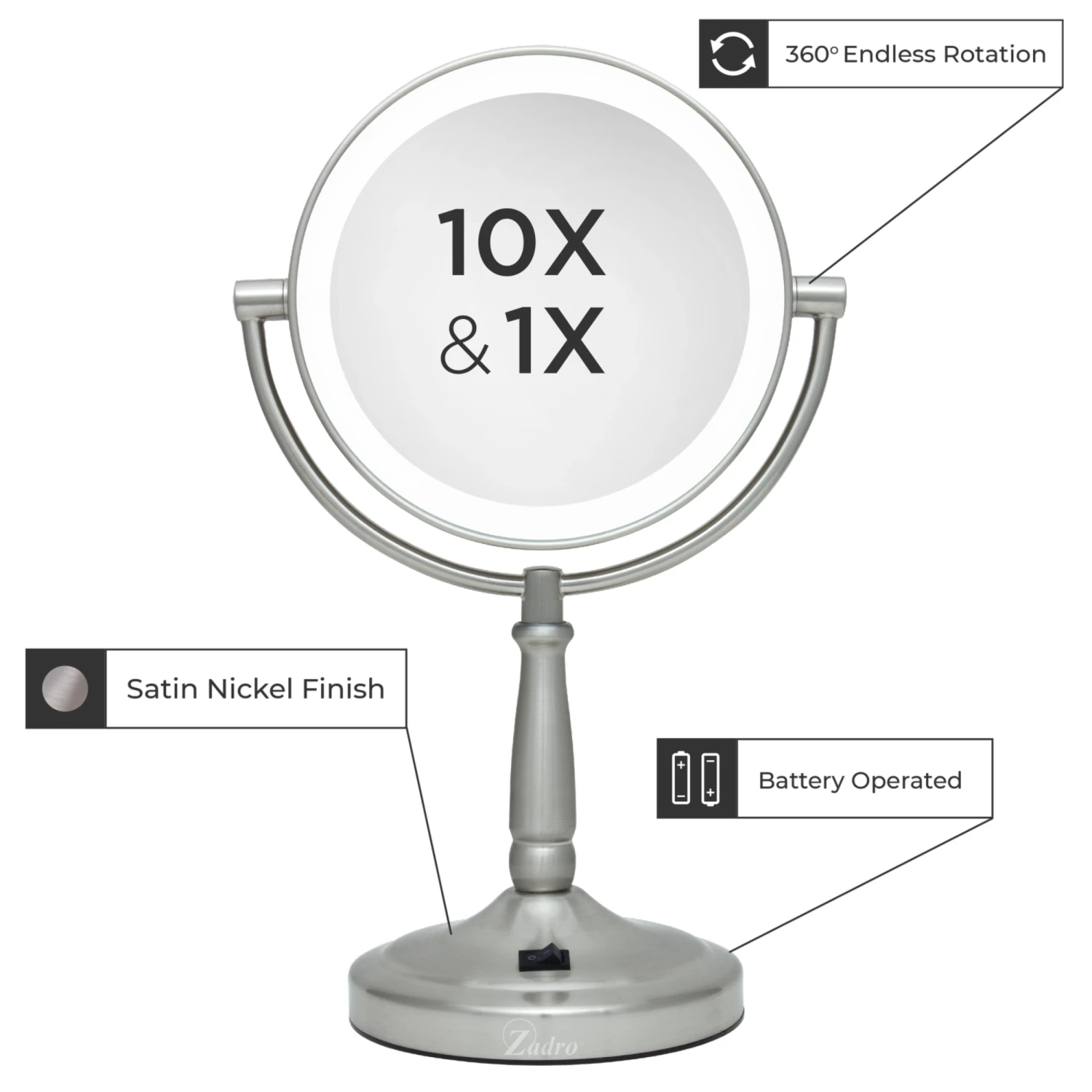 Zadro 9" Round LED Cordless Dual-Sided Mirror 10X/1X 4 Zadro 9" Round LED Cordless Dual-Sided Mirror 10X/1X - Image 2